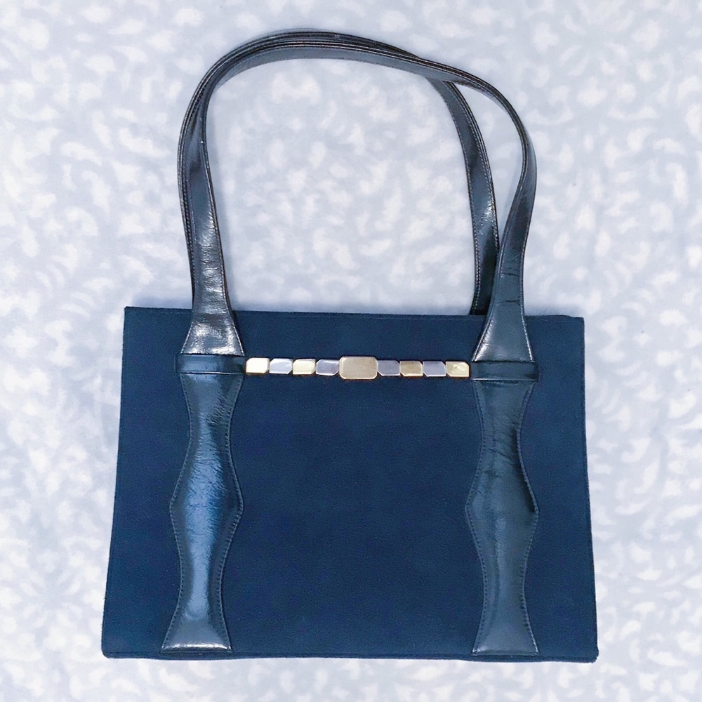 Martin Van Schaak Bag RARE 50s Navy Blue Suede Vintage Mid Century Art Deco OOAK